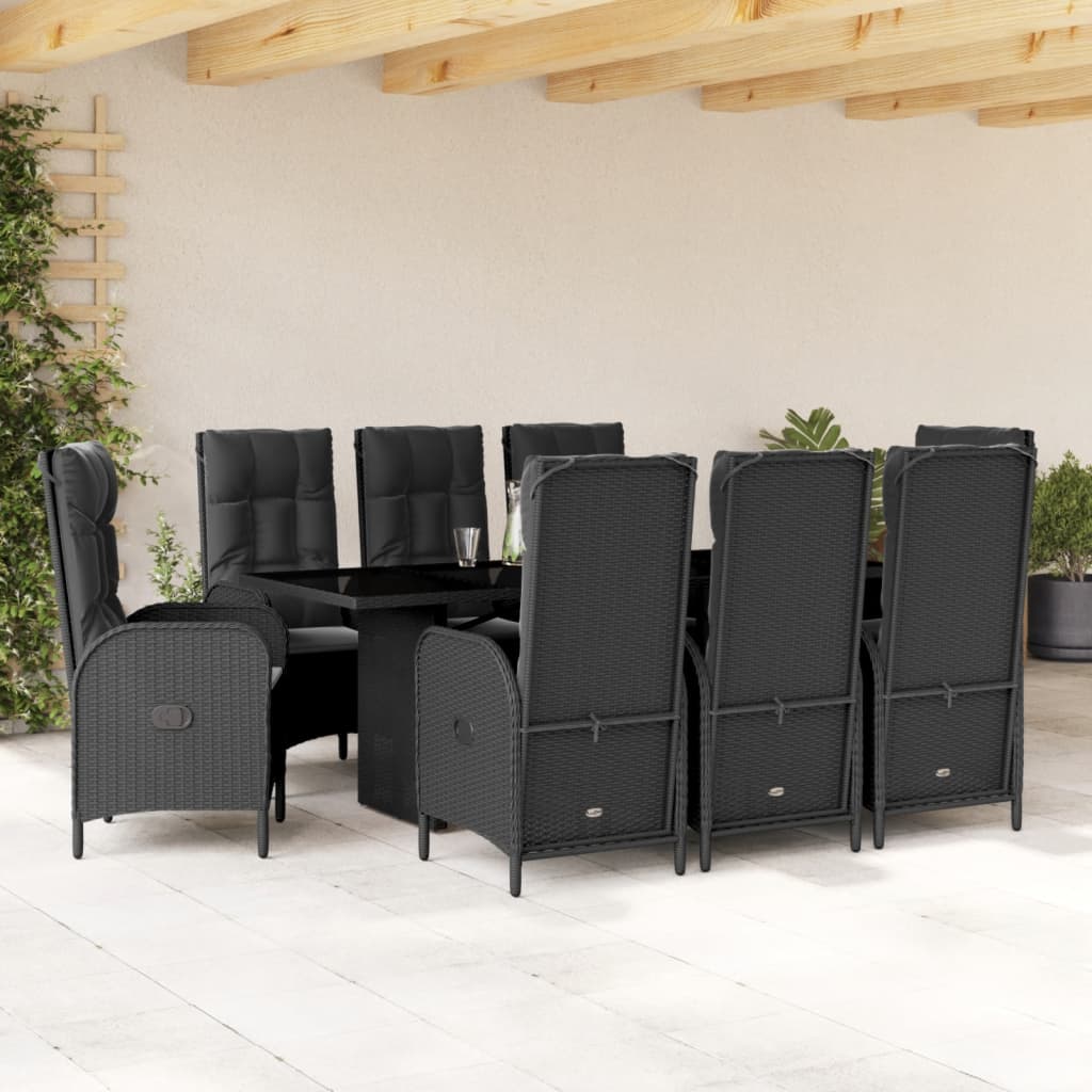 9 Pcs conjunto de jantar p/ jardim c/ almofadões vime PE preto