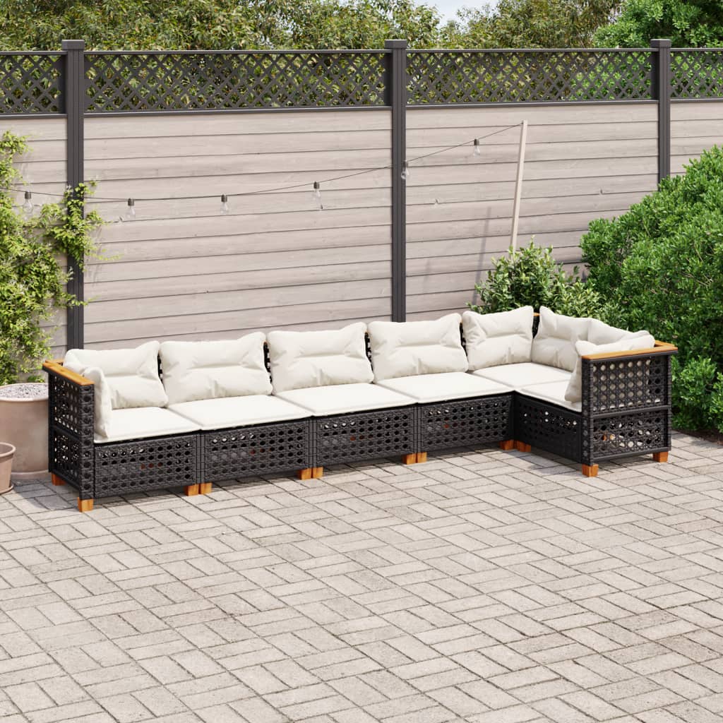 6 Pcs conjunto sofás de jardim c/ almofadões vime PE preto