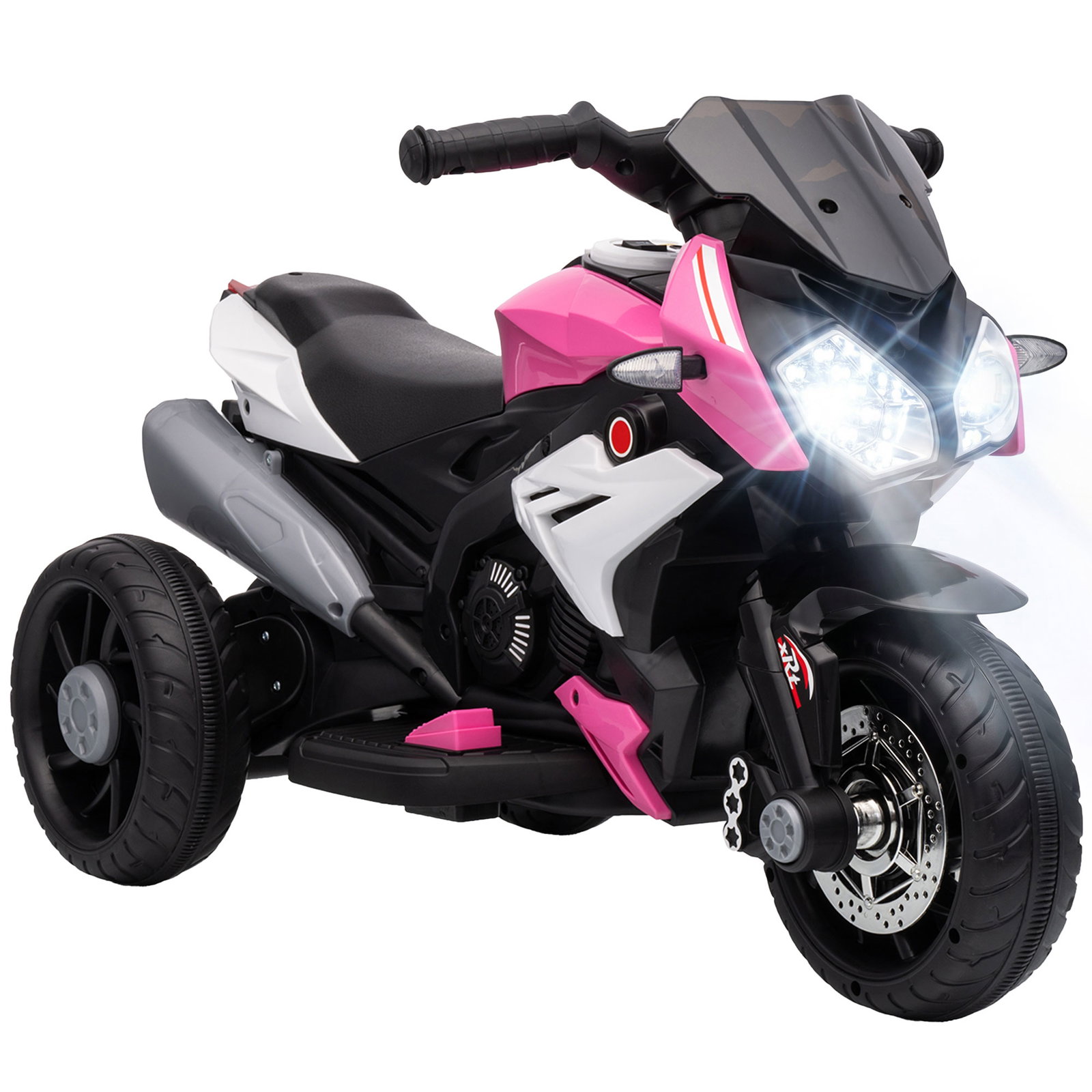 Mota elétrica infantil de 3 rodas com pedal farol LED música e buzina para crianças de 3 a 5 anos rosa