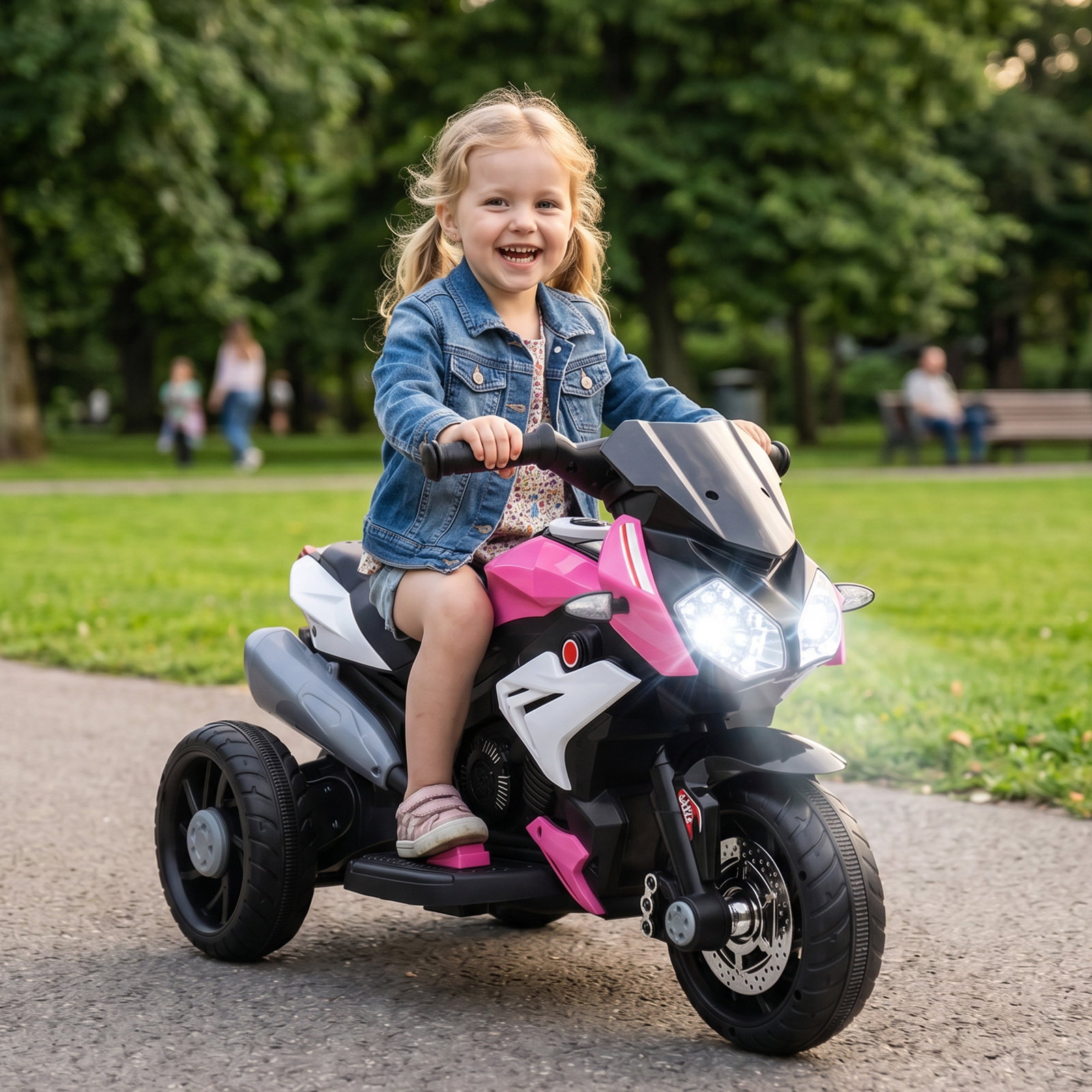 Mota elétrica infantil de 3 rodas com pedal farol LED música e buzina para crianças de 3 a 5 anos rosa