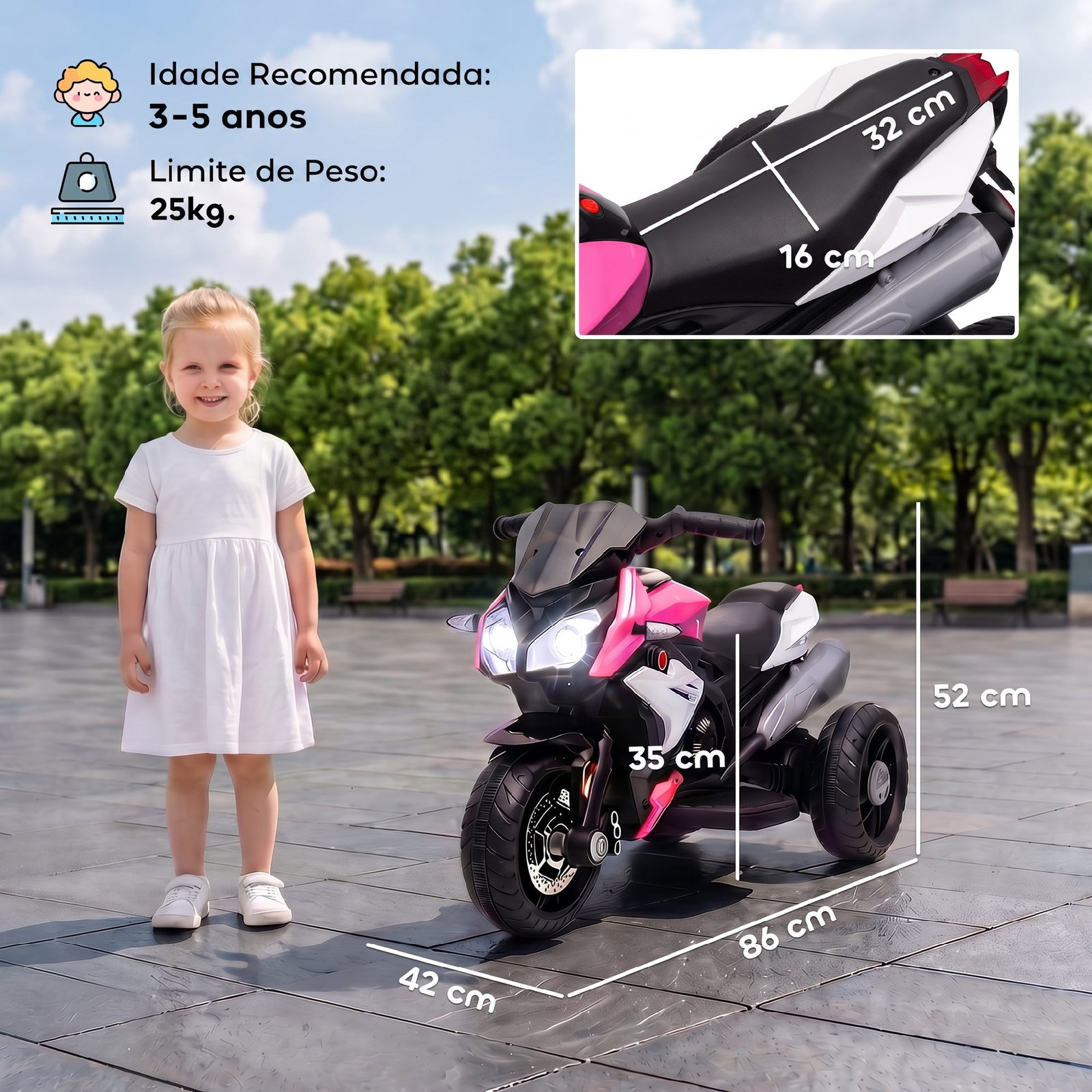 Mota elétrica infantil de 3 rodas com pedal farol LED música e buzina para crianças de 3 a 5 anos rosa