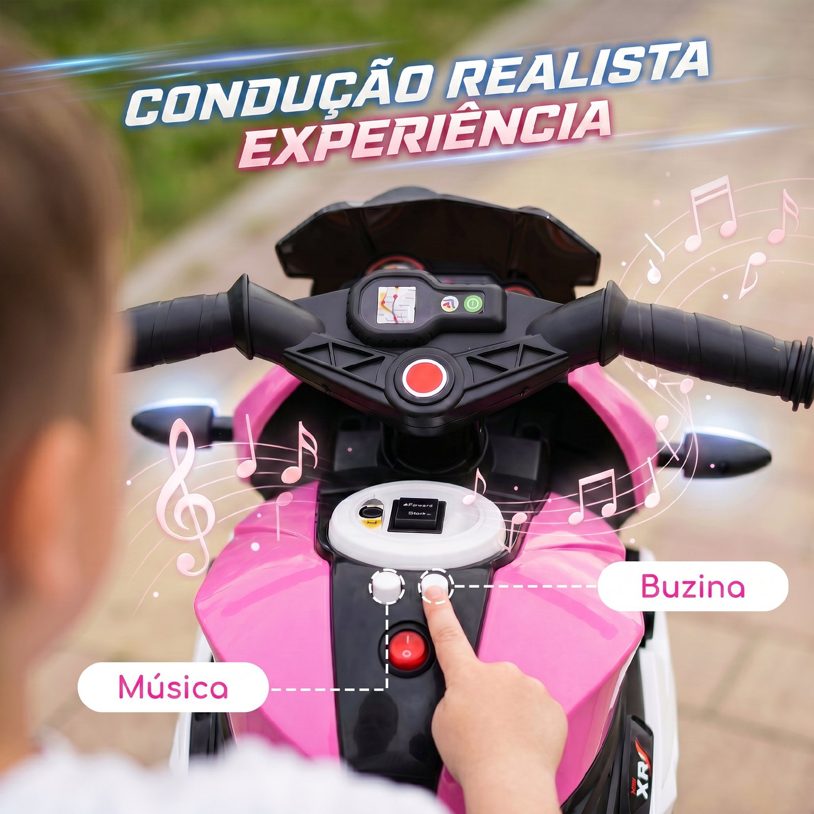 Mota elétrica infantil de 3 rodas com pedal farol LED música e buzina para crianças de 3 a 5 anos rosa