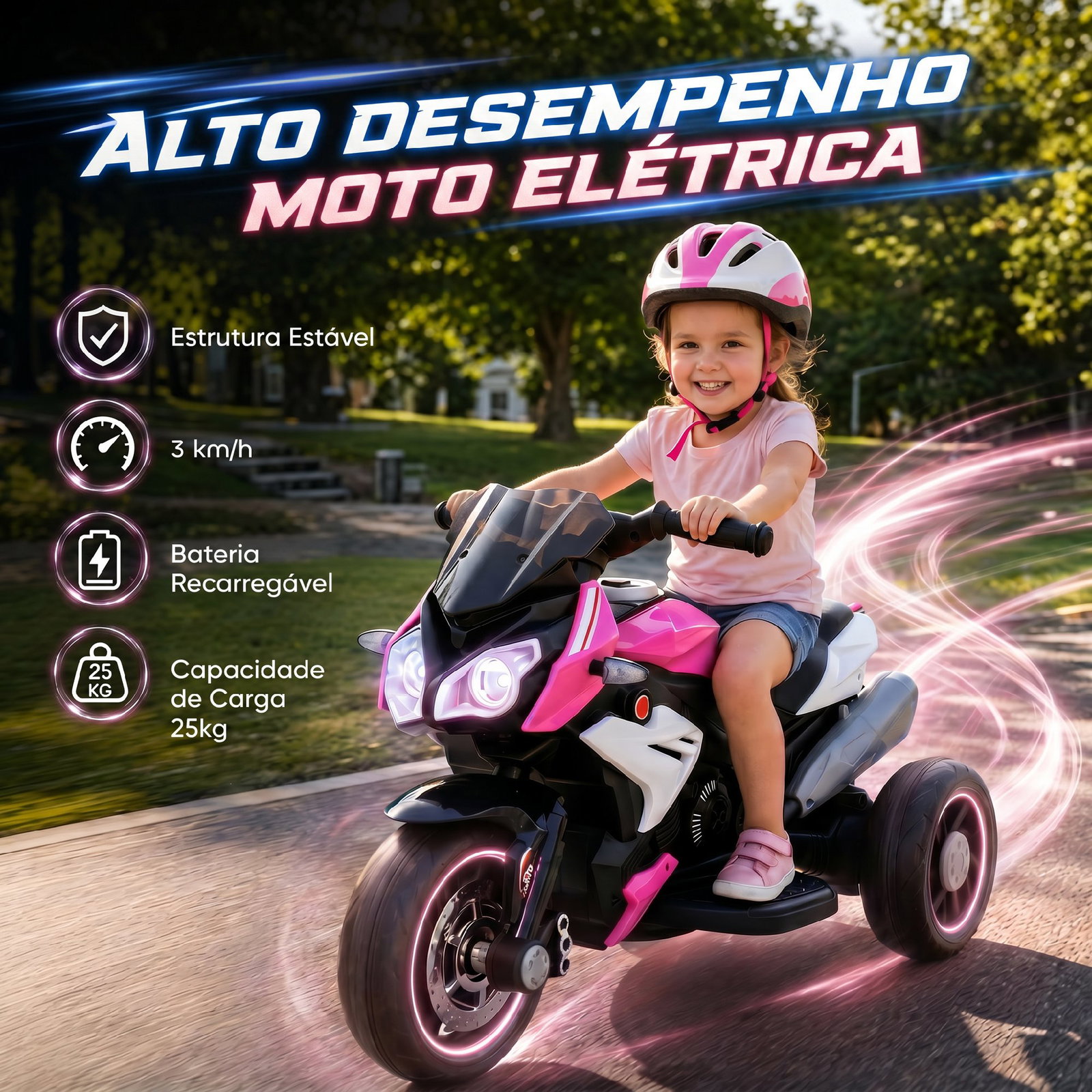 Mota elétrica infantil de 3 rodas com pedal farol LED música e buzina para crianças de 3 a 5 anos rosa