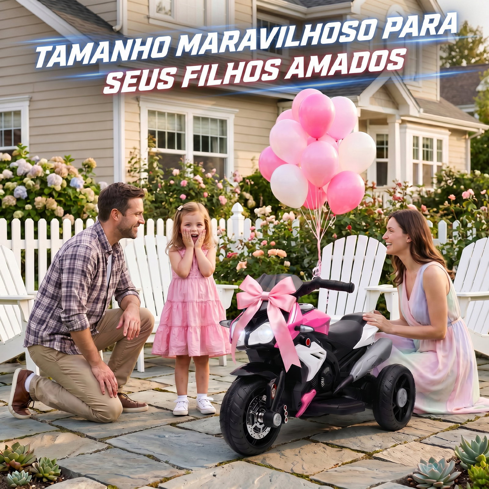 Mota elétrica infantil de 3 rodas com pedal farol LED música e buzina para crianças de 3 a 5 anos rosa