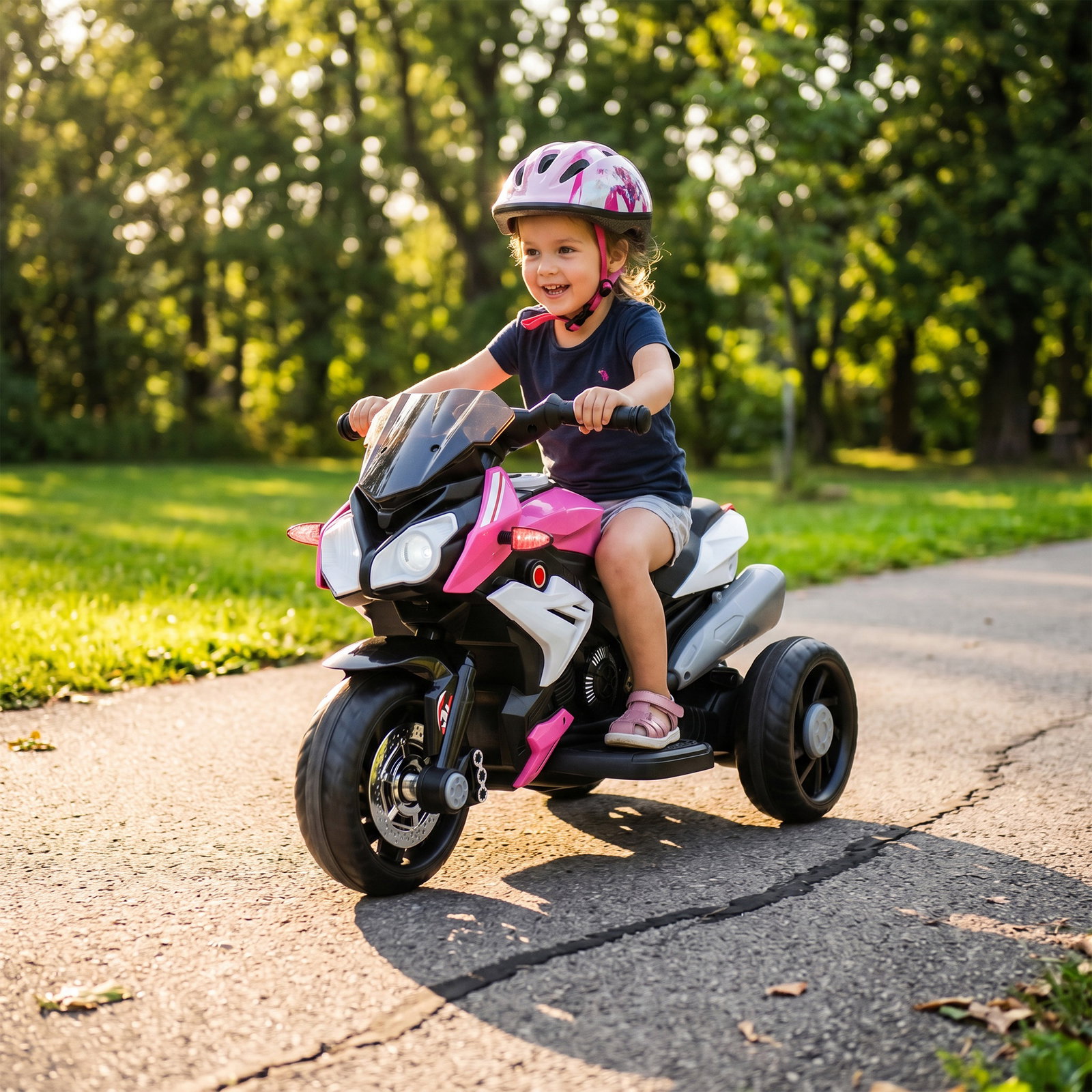 Mota elétrica infantil de 3 rodas com pedal farol LED música e buzina para crianças de 3 a 5 anos rosa