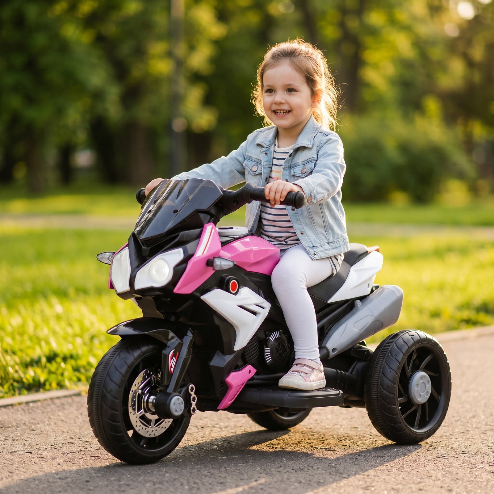 Mota elétrica infantil de 3 rodas com pedal farol LED música e buzina para crianças de 3 a 5 anos rosa