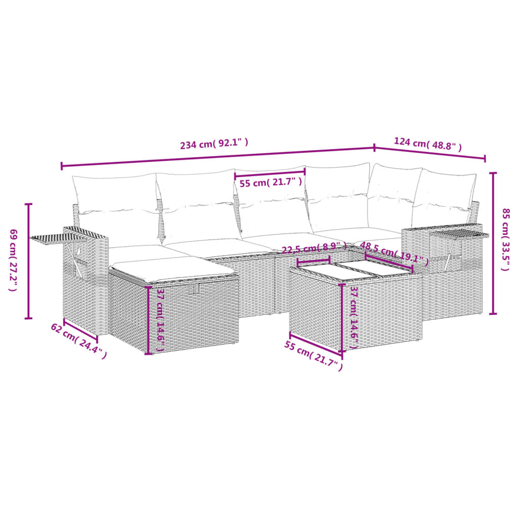 Conjunto de sofá de jardim com 7 peças e almofadas em rattan sintético marrom