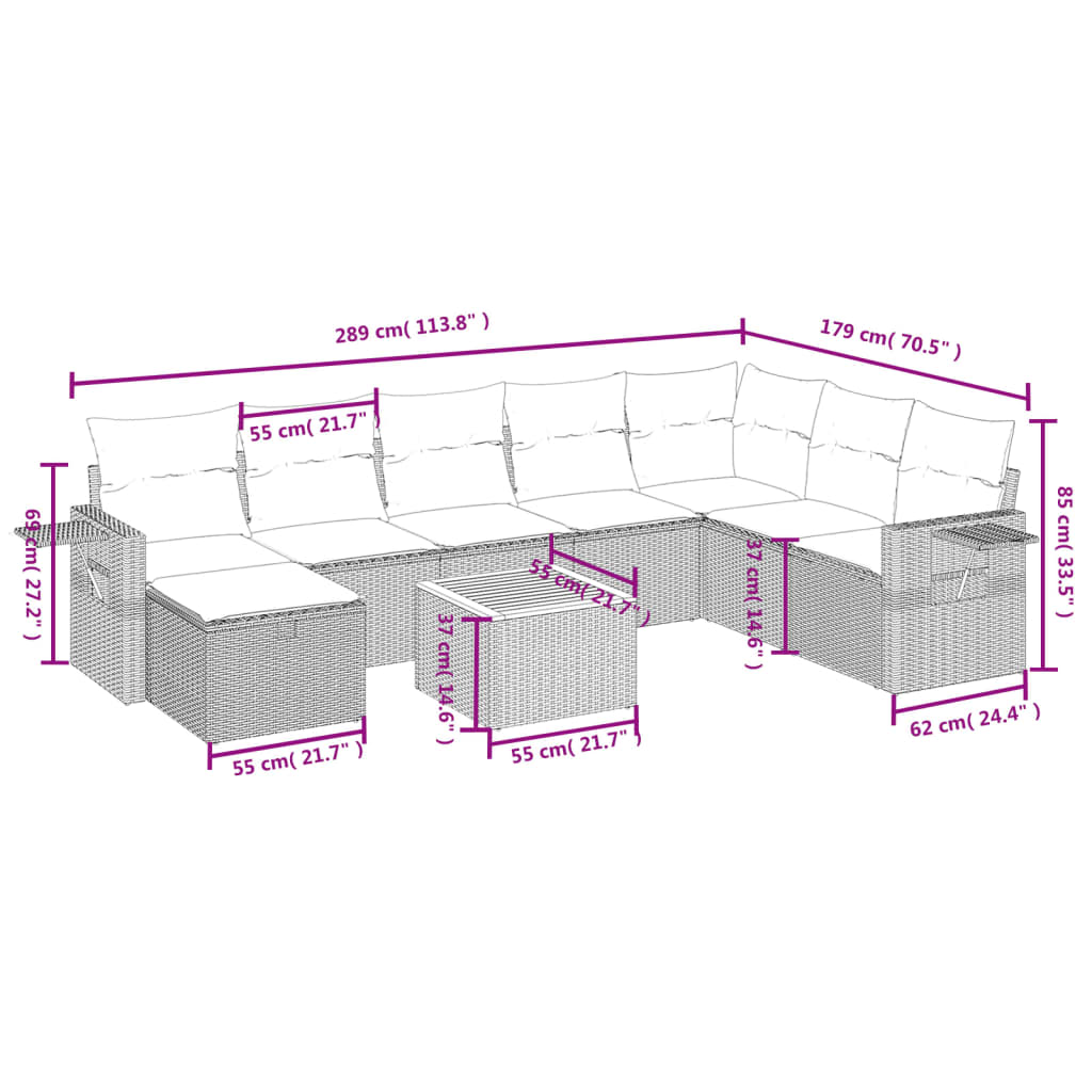 9 Pcs conjunto de sofás p/ jardim c/ almofadões vime PE preto