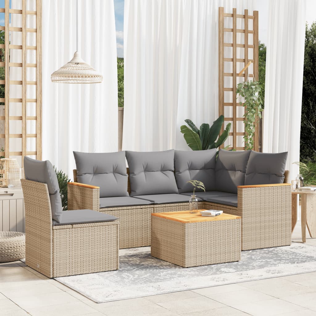 6 Pcs conj. sofás jardim c/ almofadões vime PE bege misturado