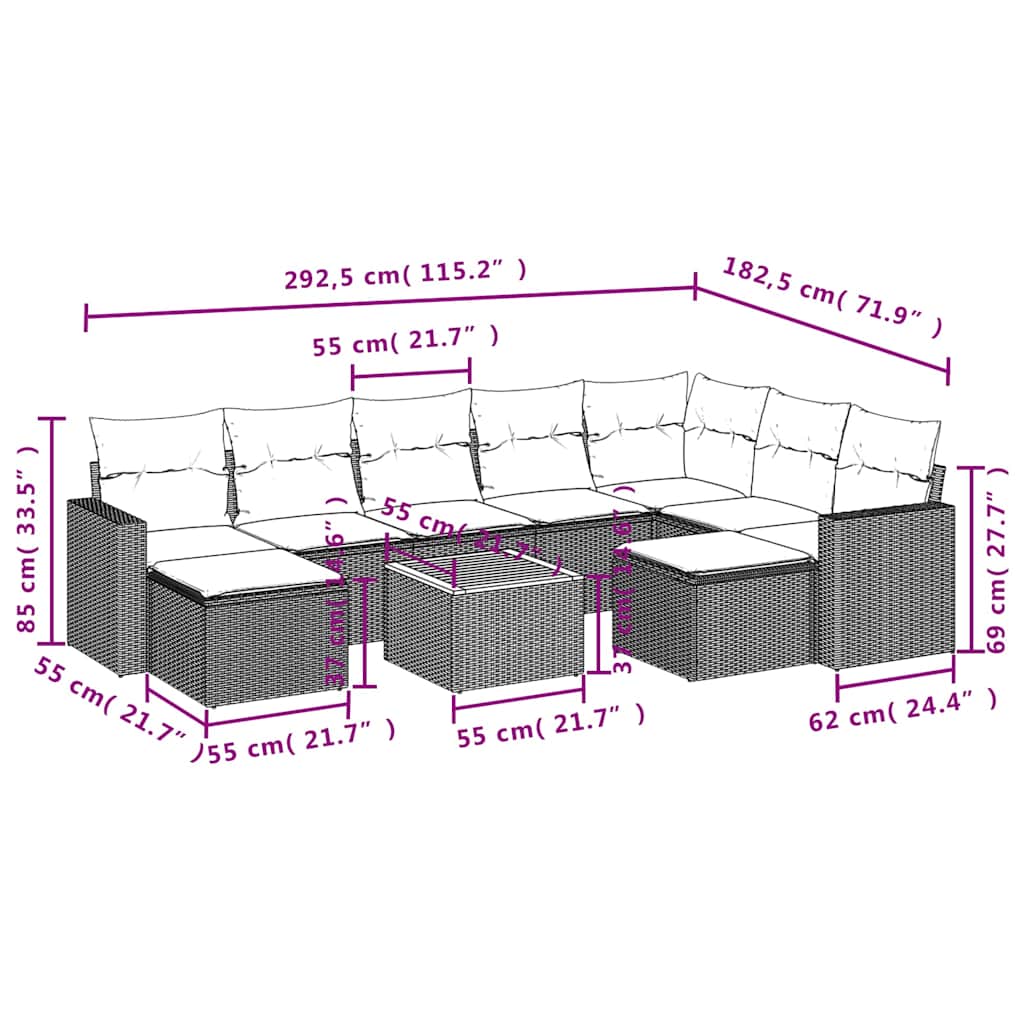 10 Pcs conjunto sofás de jardim c/ almofadões vime PE preto