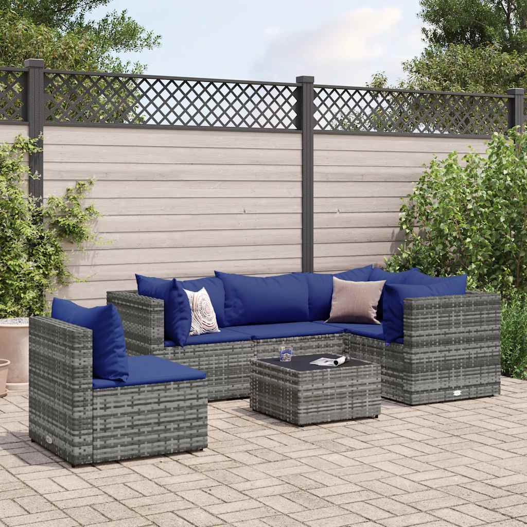 6 Pcs conjunto lounge de jardim c/ almofadões vime PE cinzento