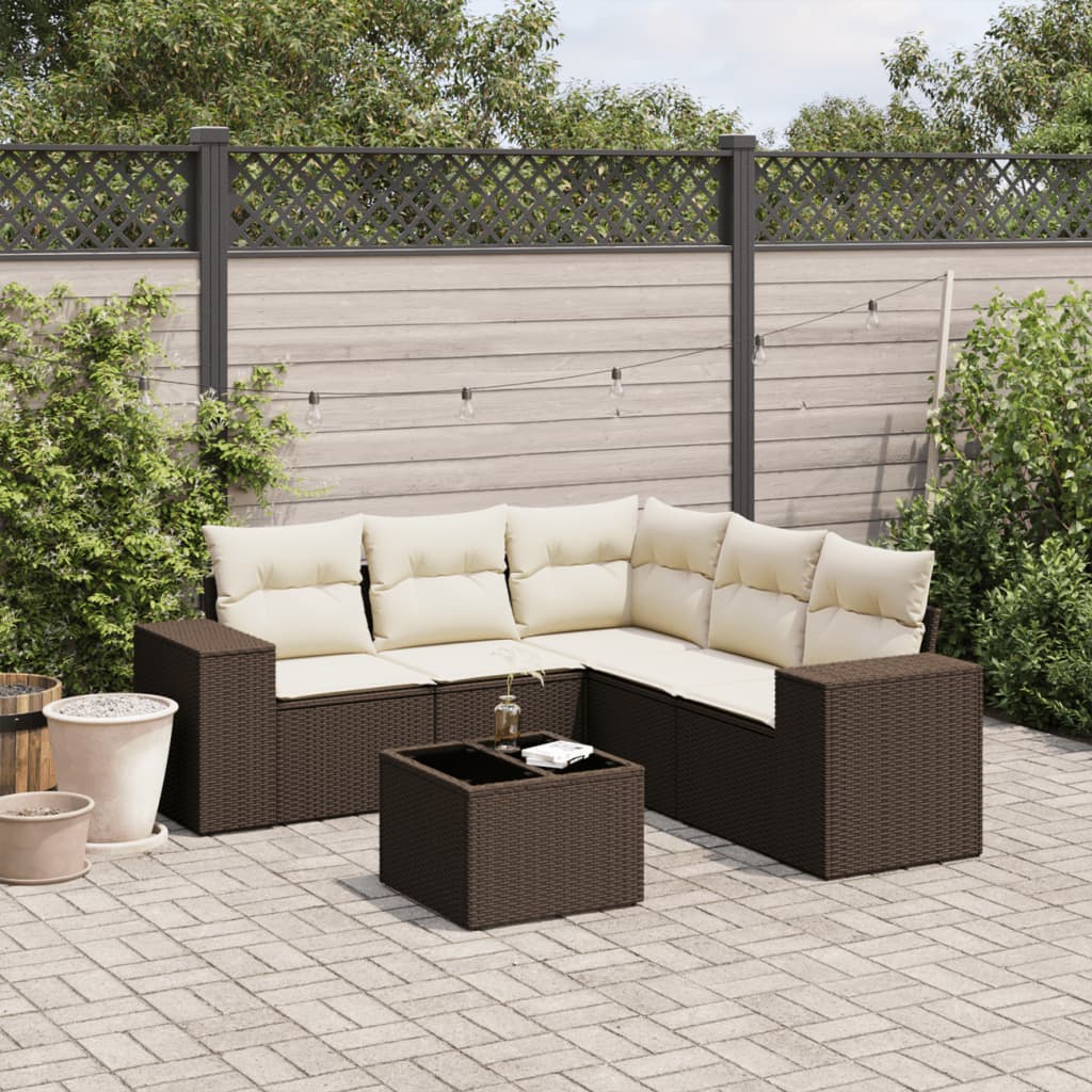 6 Pcs conjunto de sofás jardim c/ almofadões vime PE castanho
