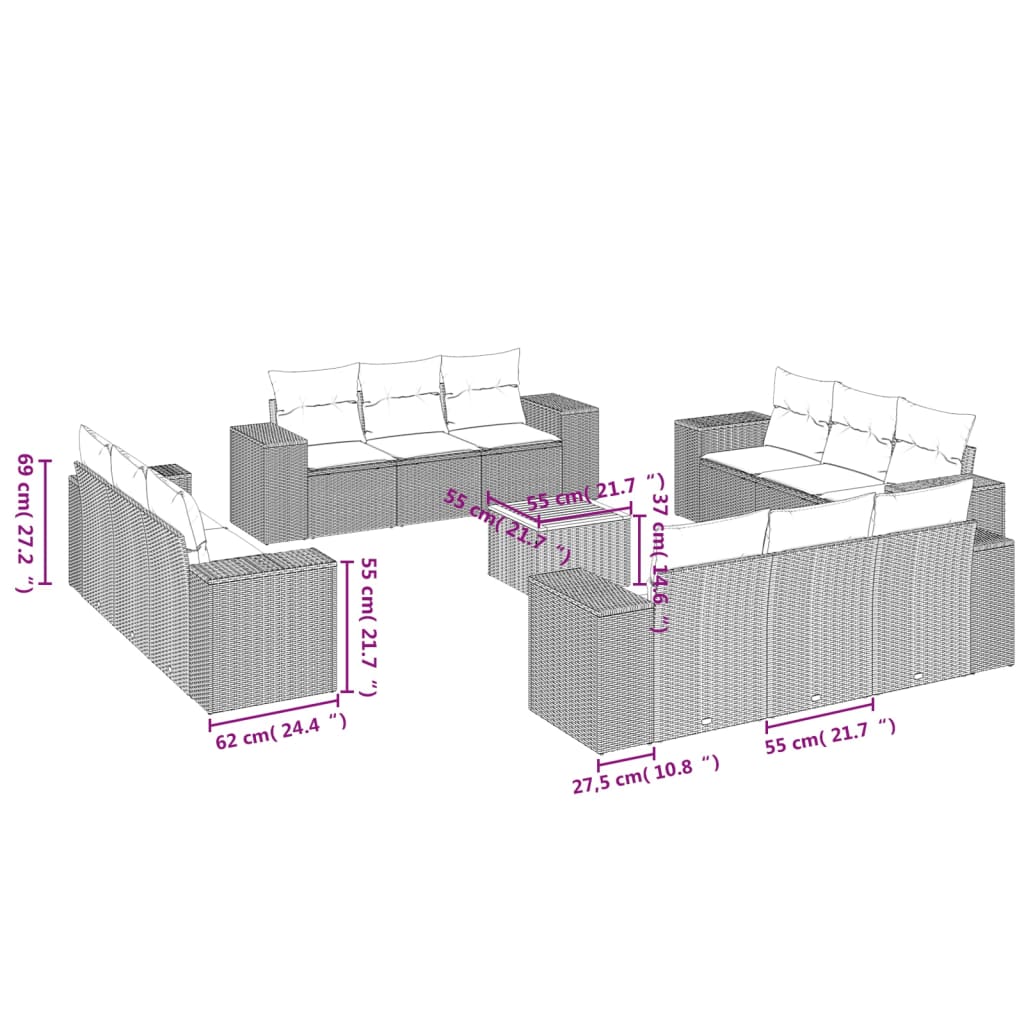 13 Pcs conjunto de sofás p/ jardim com almofadões vime PE bege