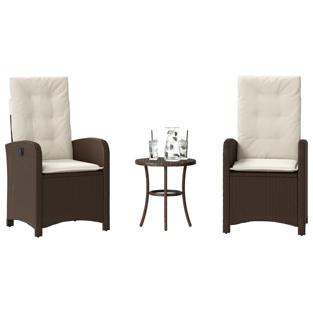 3 Pcs conjunto bistrô com almofadões vime PE castanho