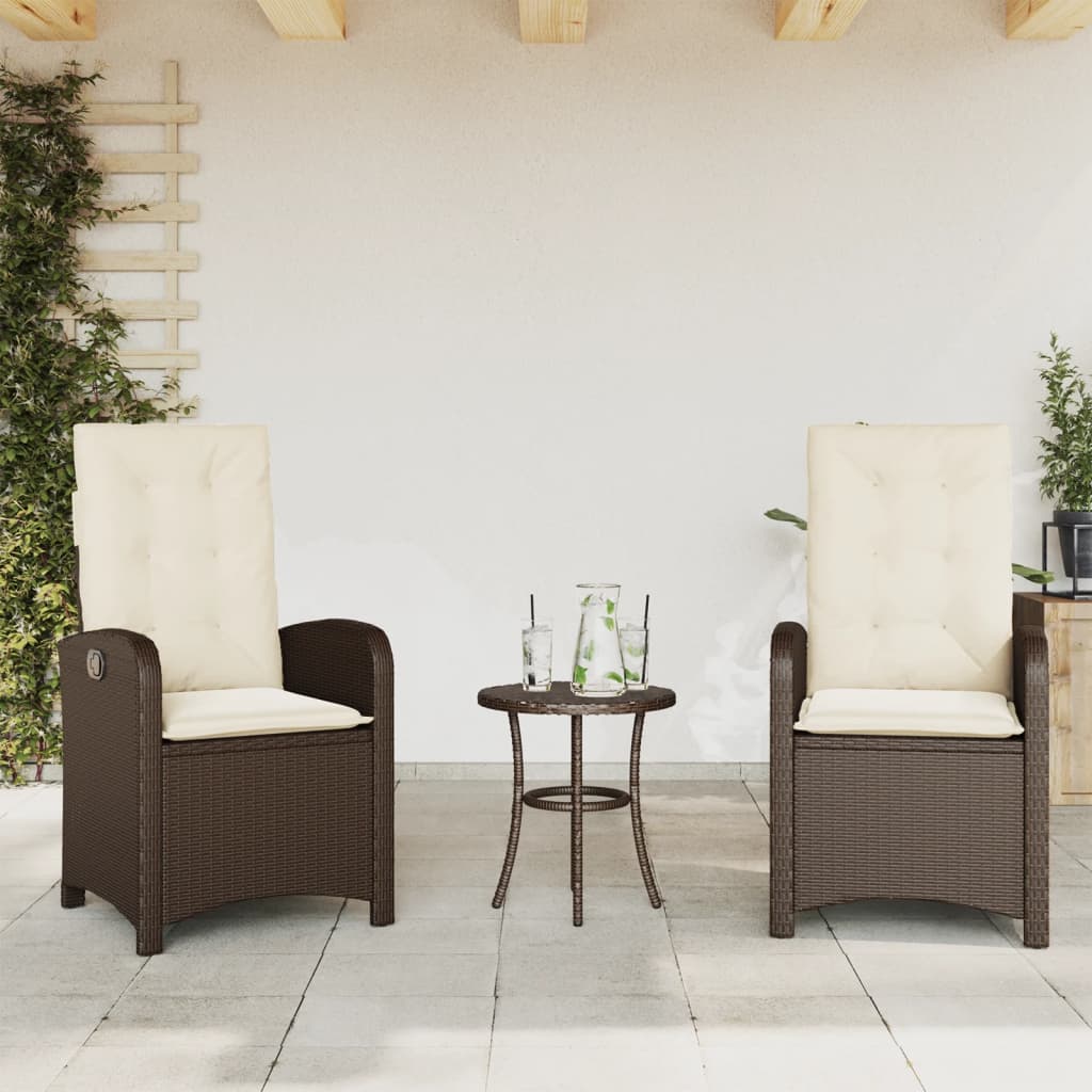3 Pcs conjunto bistrô com almofadões vime PE castanho