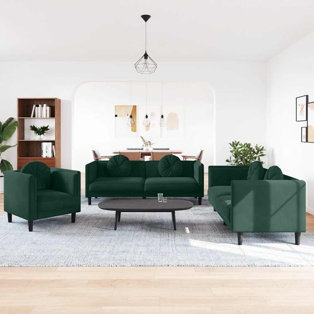3 Pcs conjunto de sofás com almofadas veludo verde-escuro