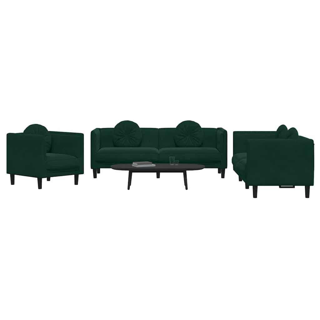 3 Pcs conjunto de sofás com almofadas veludo verde-escuro