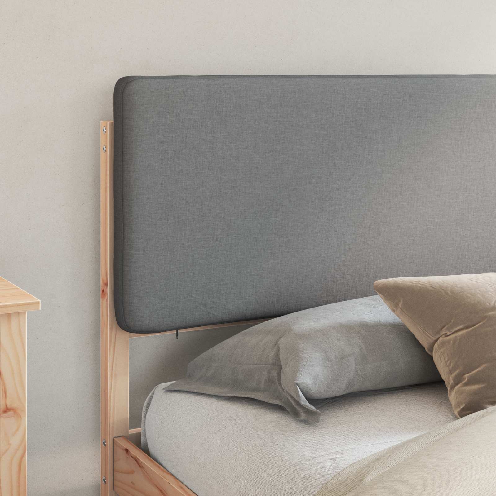 Estrutura de cama com cabeceira estofada cinzento-claro