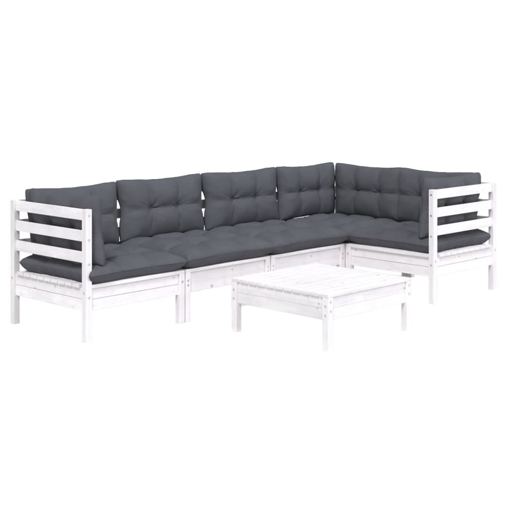 6 Pcs conjunto lounge de jardim c/ almofadões pinho branco