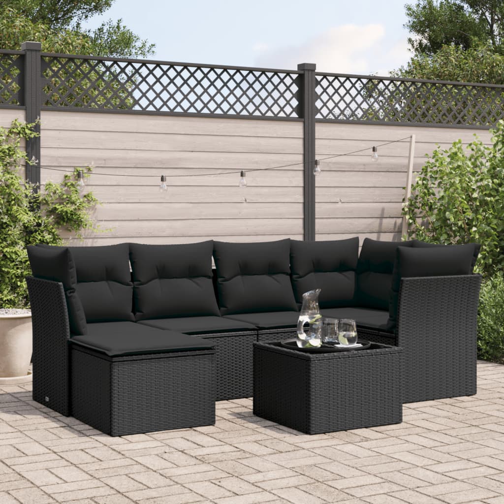 7 Pcs conjunto de sofás p/ jardim c/ almofadões vime PE preto