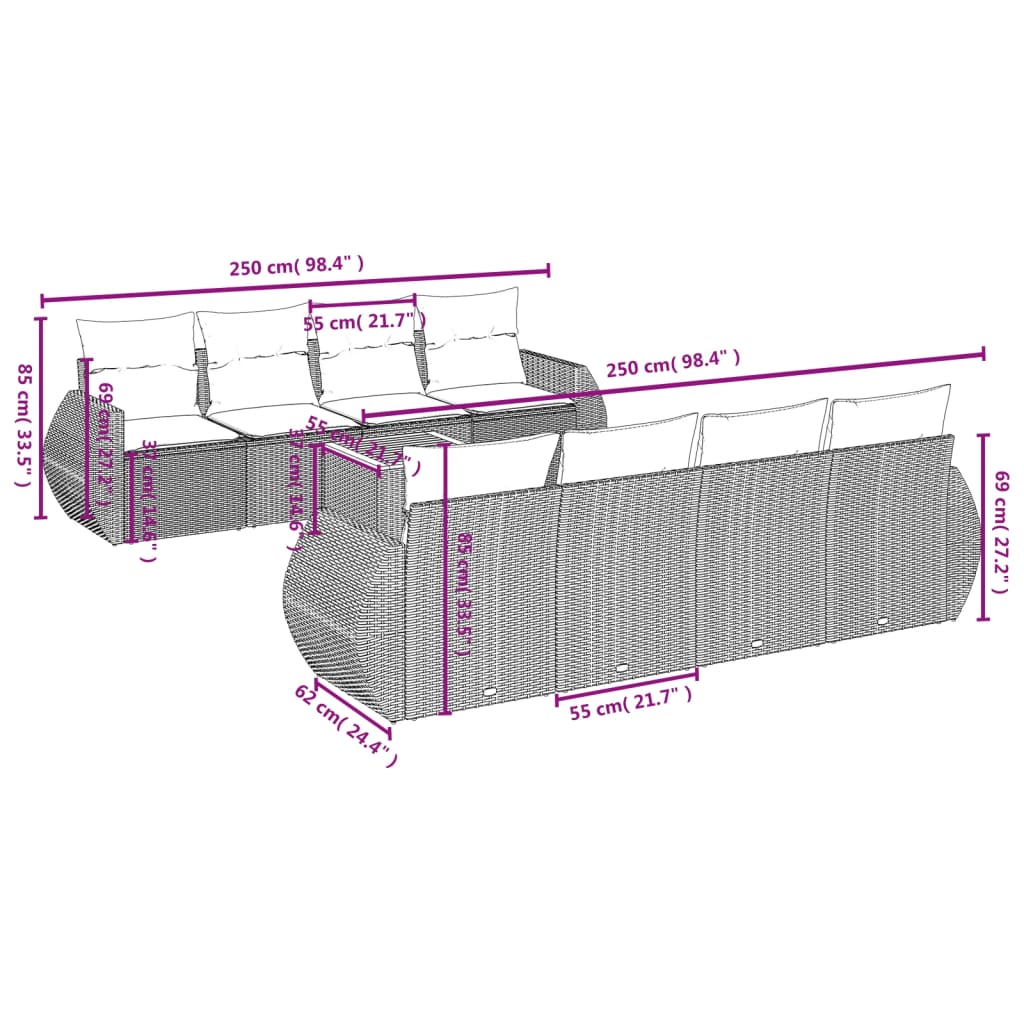 9 Pcs conjunto de sofás p/ jardim com almofadões vime PE bege