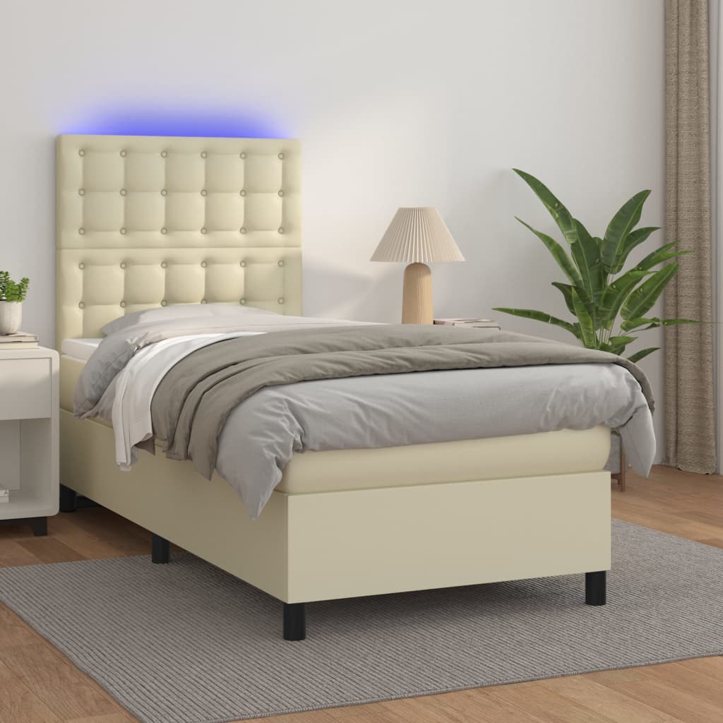 Cama box spring c/ colchão/LED 80x200 cm couro artificial creme
