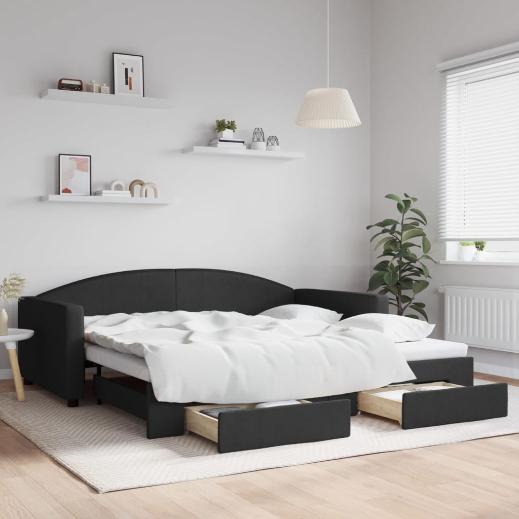 Sofá-cama com gavetão e gavetas 100x200 cm tecido preto