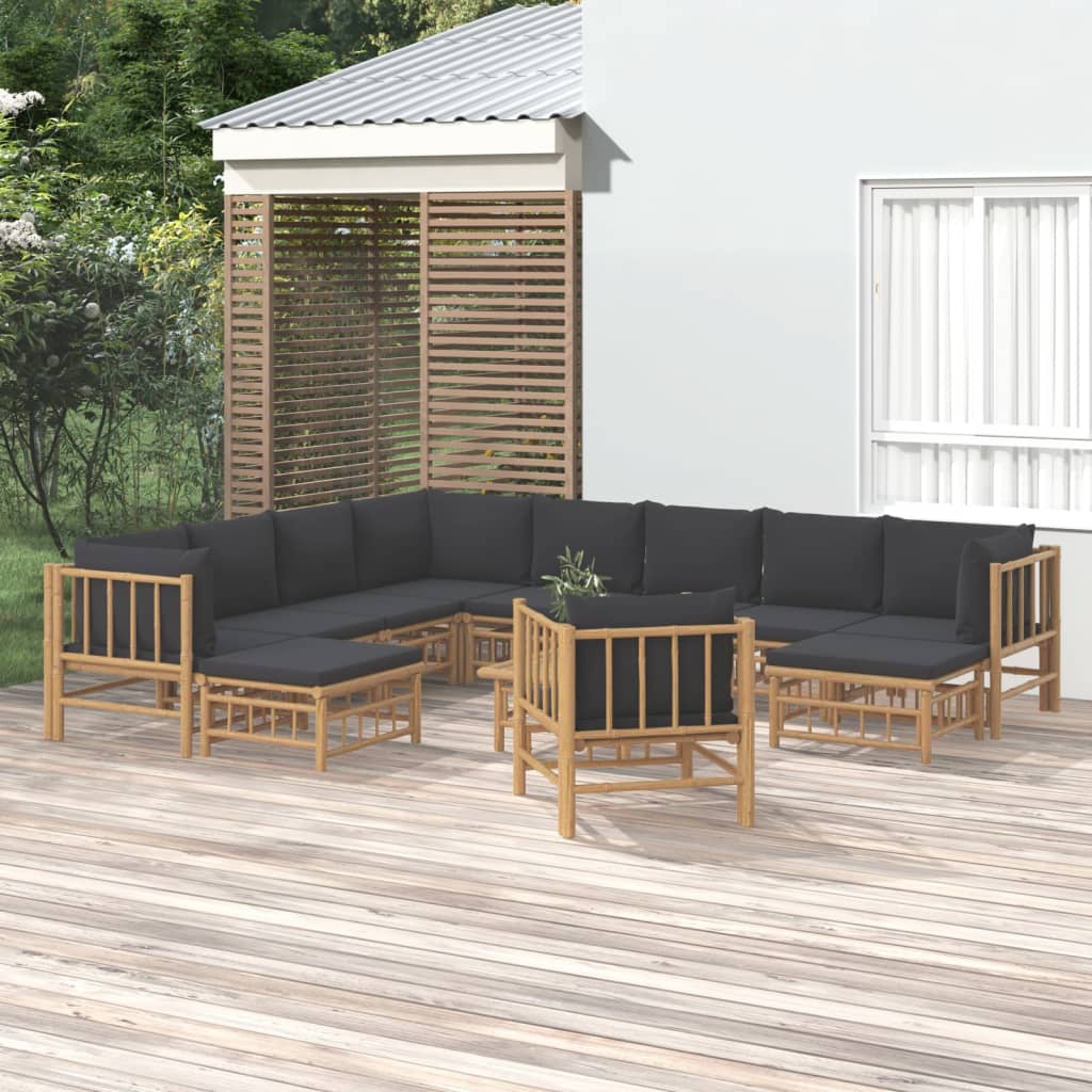 12 Pcs conj. lounge de jardim bambu c/ almofadões cinza-escuro