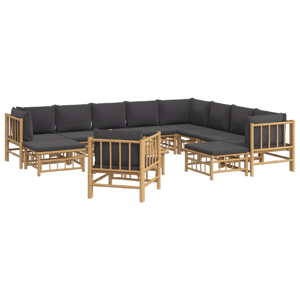 12 Pcs conj. lounge de jardim bambu c/ almofadões cinza-escuro