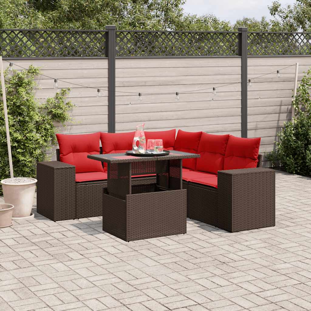 Conjunto de sofá de jardim com 6 peças e almofadas em rattan sintético marrom