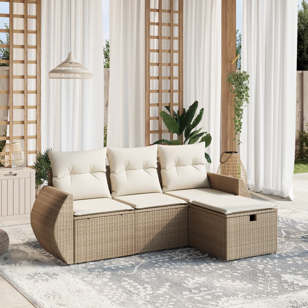 4 Pcs conjunto de sofás para jardim c/ almofadões vime PE bege