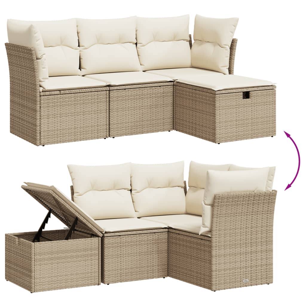 4 Pcs conjunto de sofás para jardim c/ almofadões vime PE bege