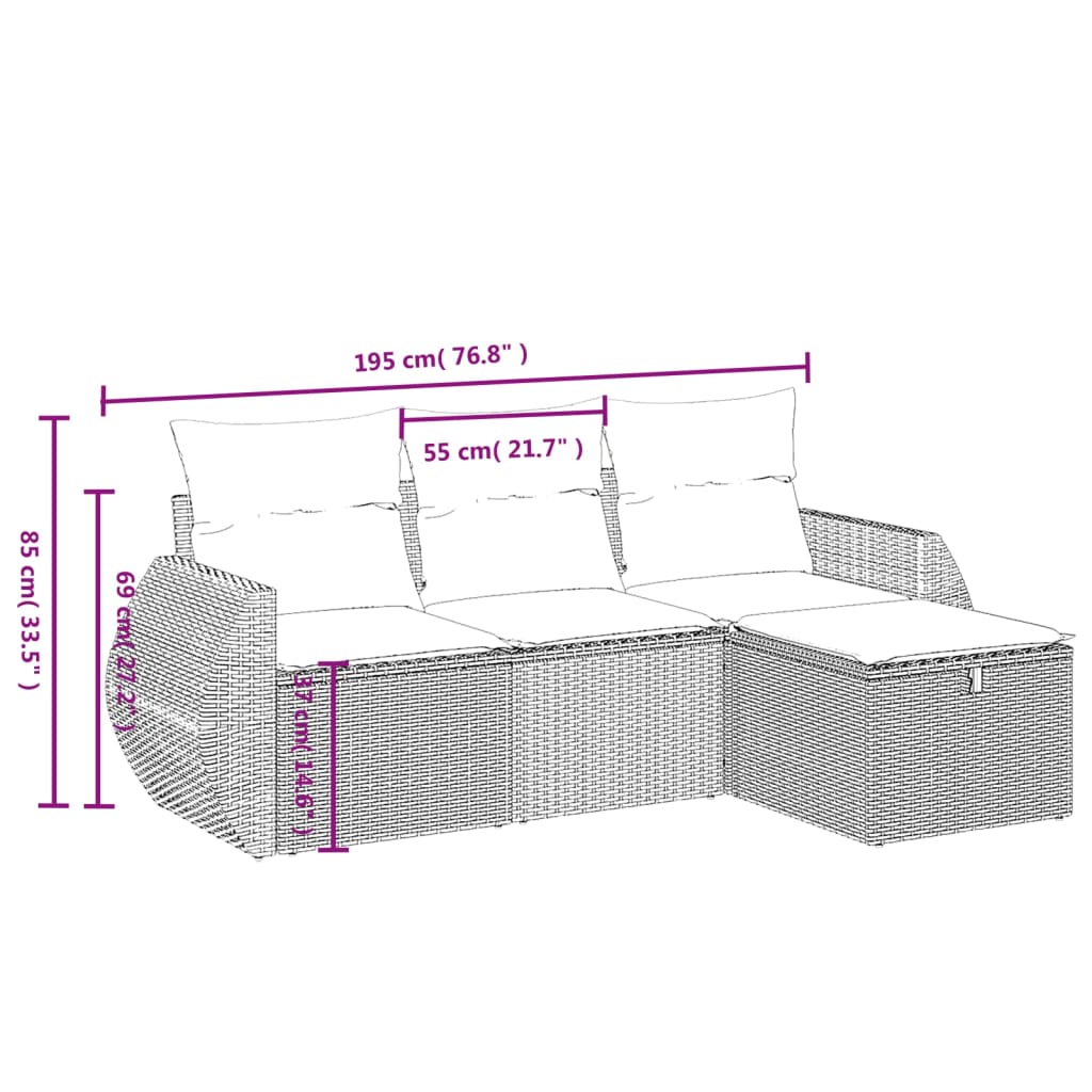 4 Pcs conjunto de sofás para jardim c/ almofadões vime PE bege