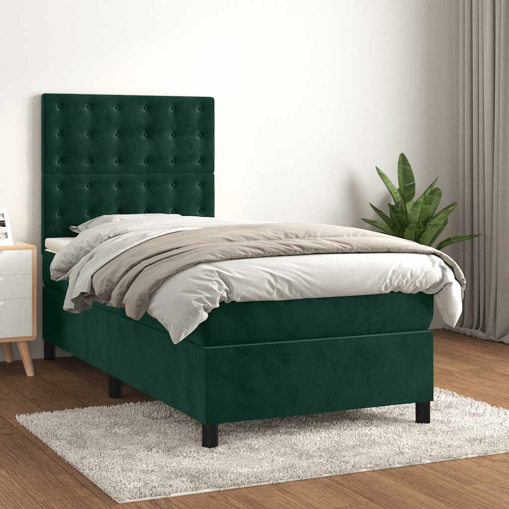 Cama com molas/colchão 90x190 cm veludo verde-escuro