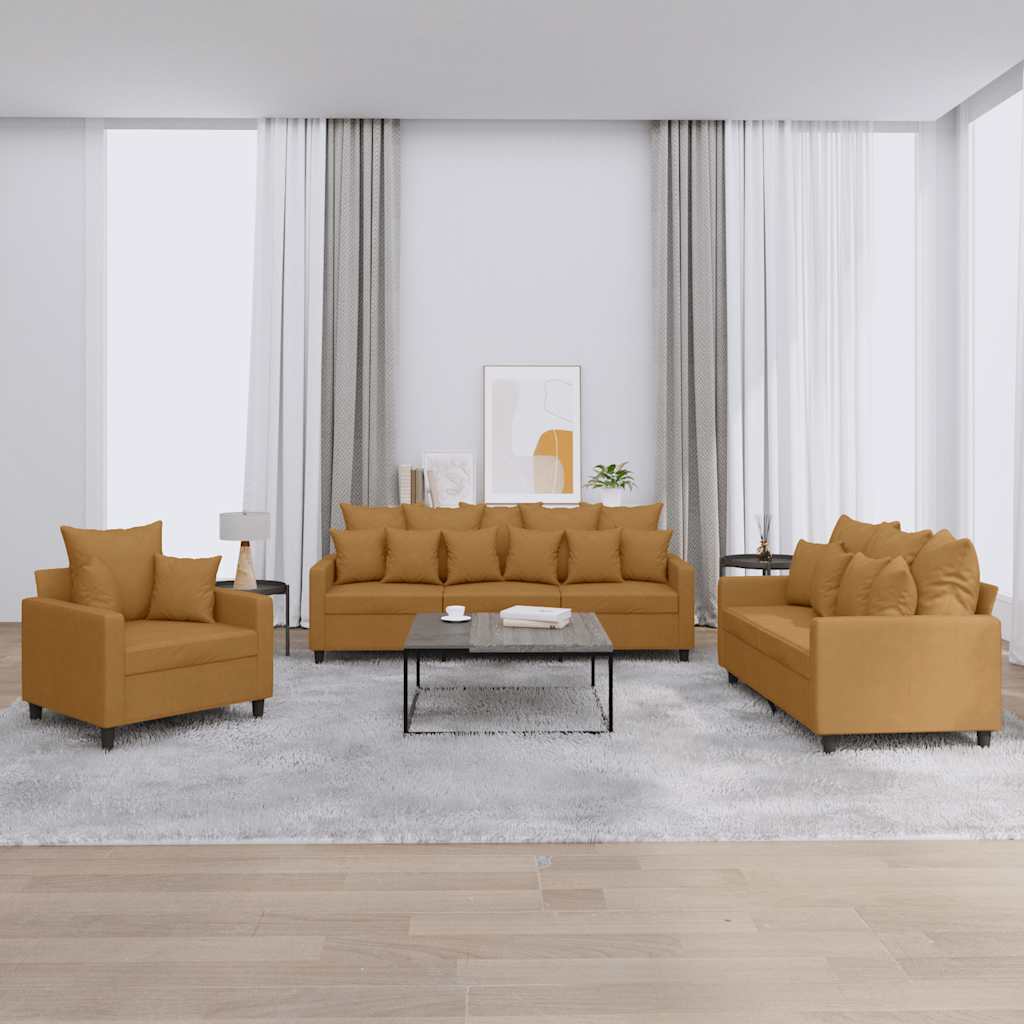 3 Pcs conjunto de sofás com almofadões veludo castanho