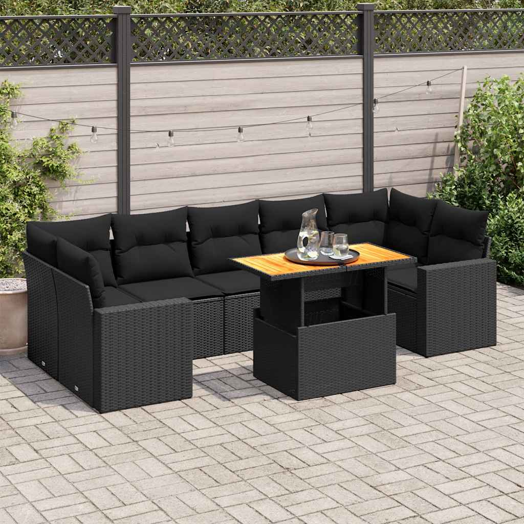 8 Pcs conjunto sofás de jardim com almofadões vime PE preto