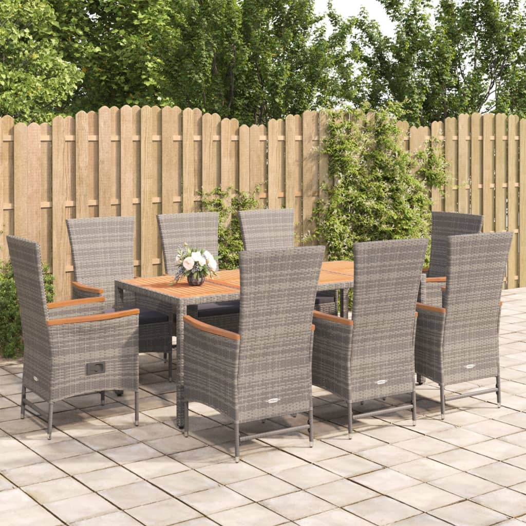 9 Pcs conjunto de jantar p/ jardim c/ almofadões vime PE cinza