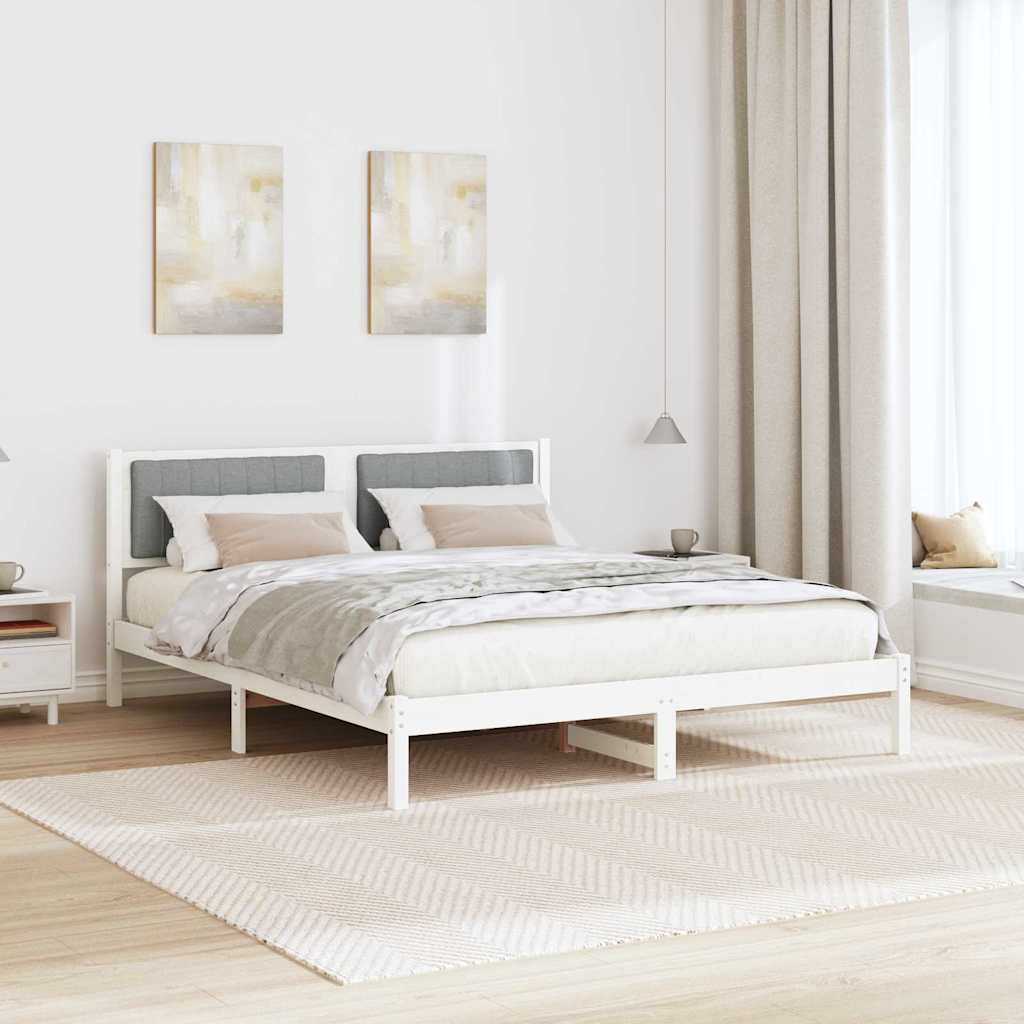 Estrutura de cama com cabeceira estofada cinzento-claro