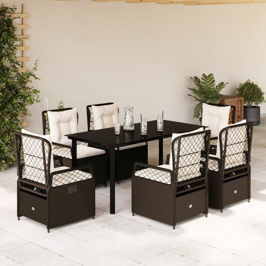 7 Pcs conjunto jantar p/ jardim c/ almofadões vime PE castanho