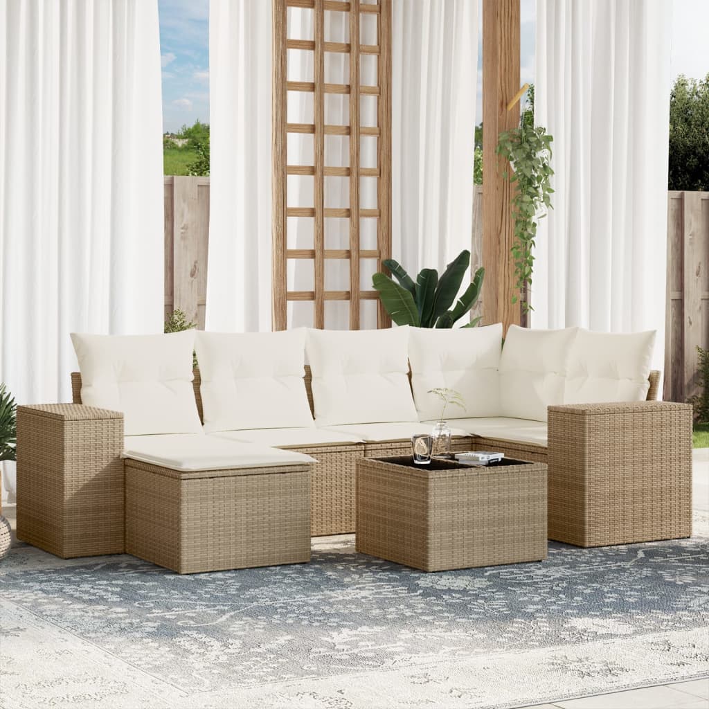 7 Pcs conjunto de sofás p/ jardim com almofadões vime PE bege