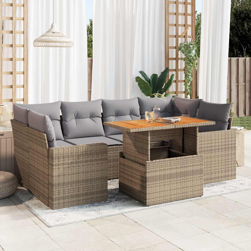 7 Pcs conjunto de sofás p/ jardim com almofadões vime PE bege