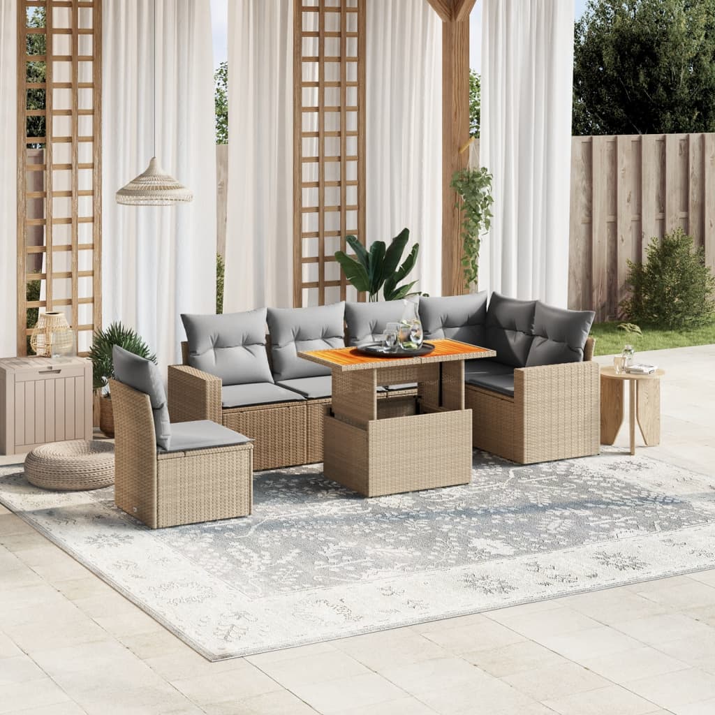 7 Pcs conjunto de sofás p/ jardim com almofadões vime PE bege