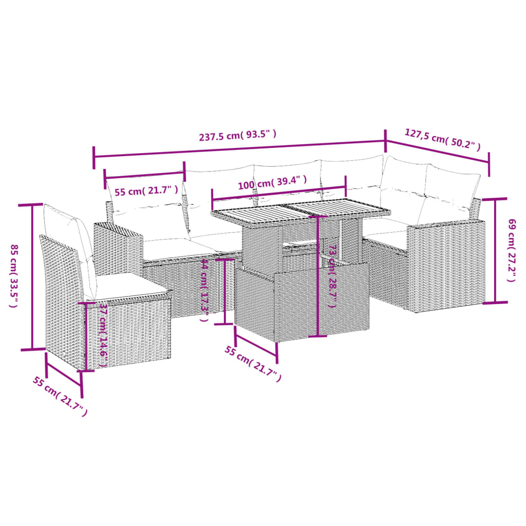 7 Pcs conjunto de sofás p/ jardim com almofadões vime PE bege