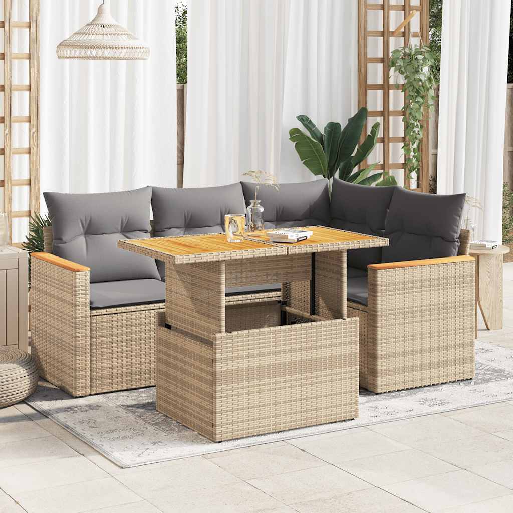 5 Pcs conj. sofás p/ jardim c/ almofadões vime PE/acácia bege