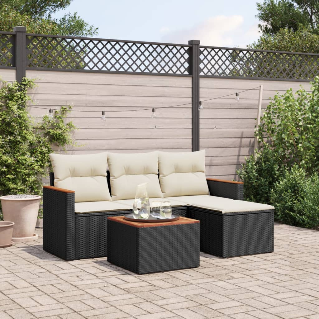 5 Pcs conjunto sofás de jardim com almofadões vime PE preto