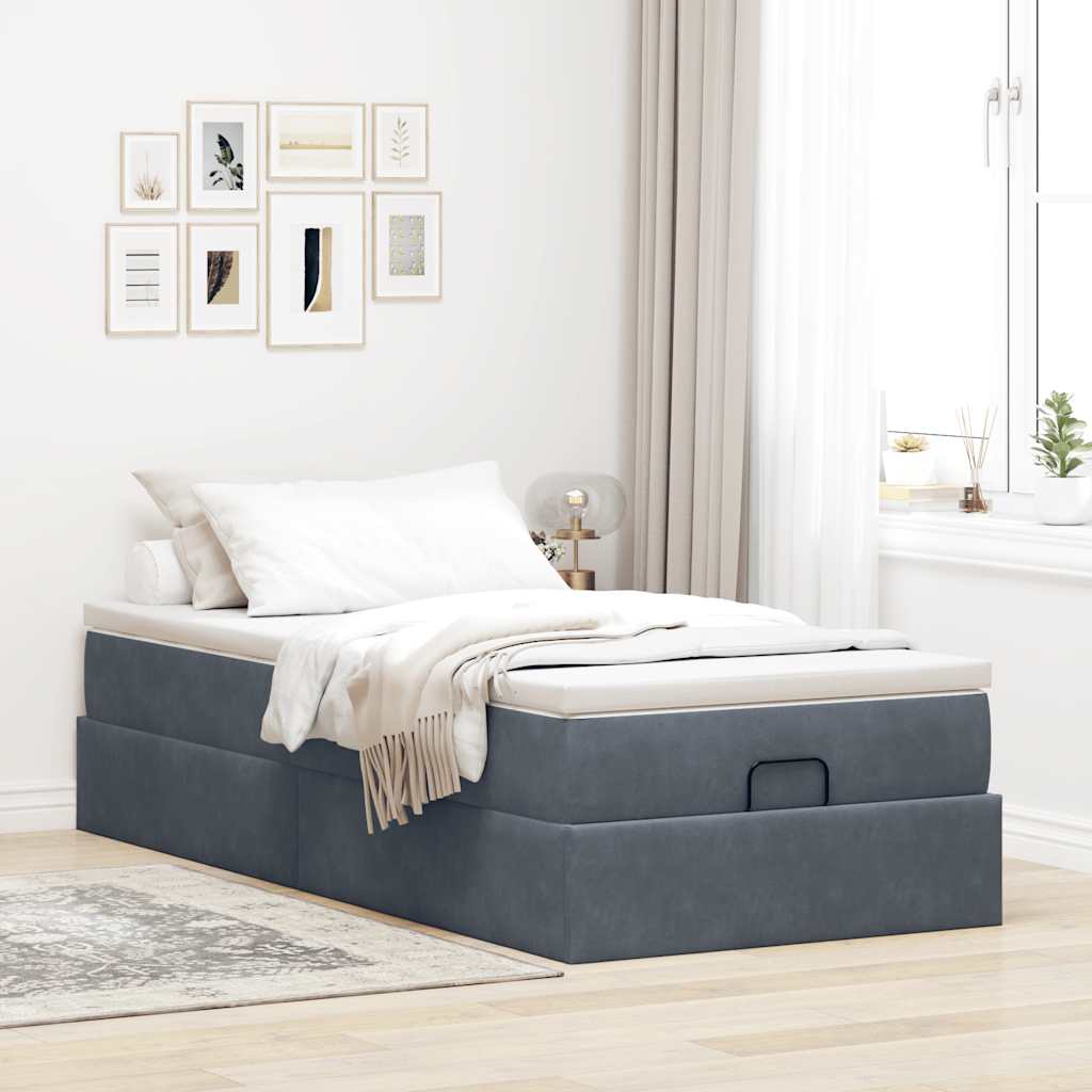 Moldura de cama otomana com colchão cinza escuro veludo