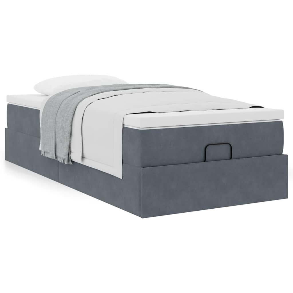Moldura de cama otomana com colchão cinza escuro veludo