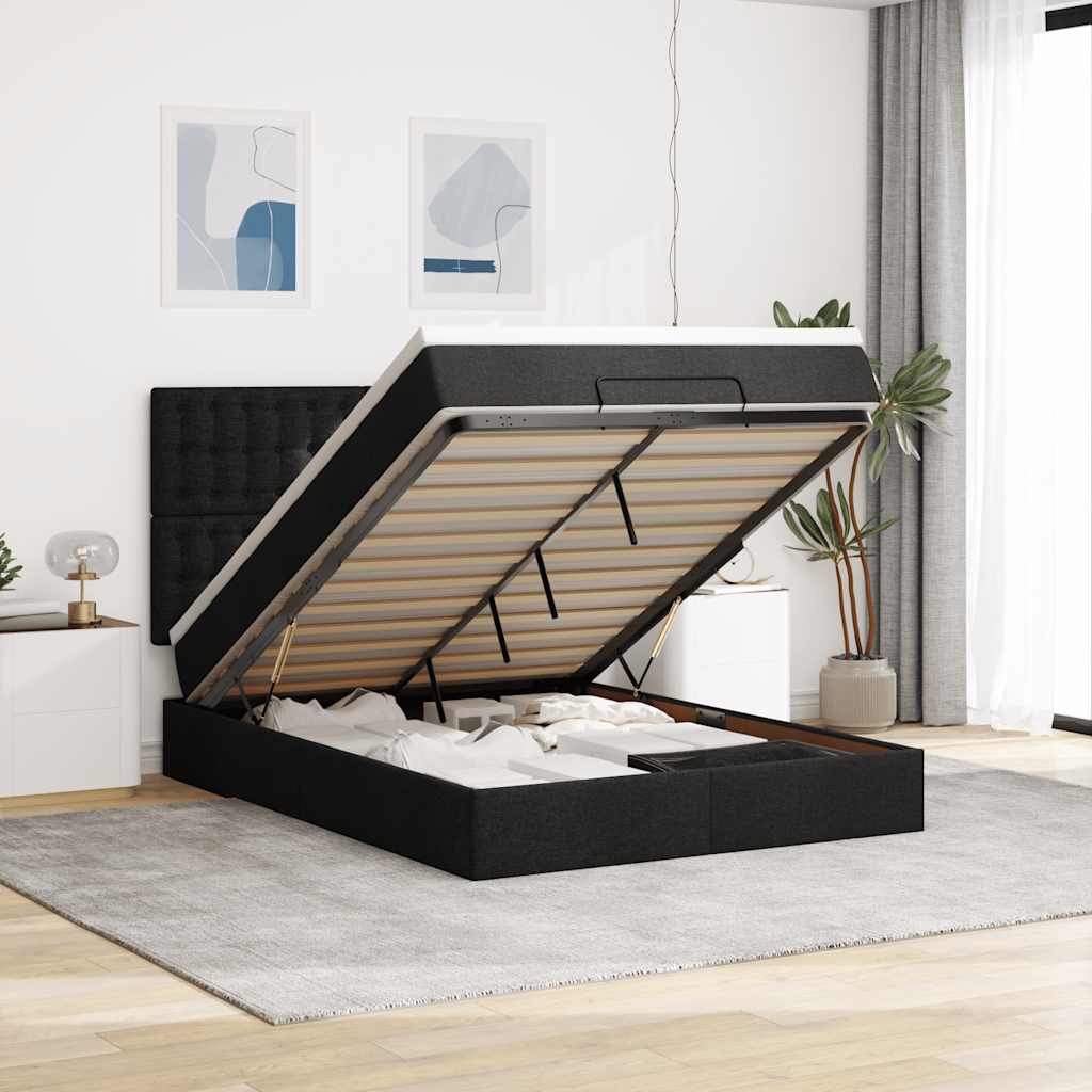 Estrutura de cama otomana com colchão 140x200 cm tecido preto