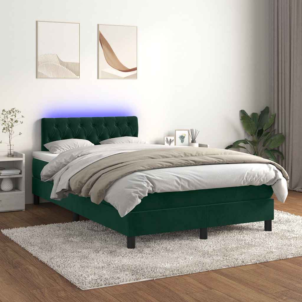 Cama box spring c/ colchão/LED 120x200 cm veludo verde-escuro