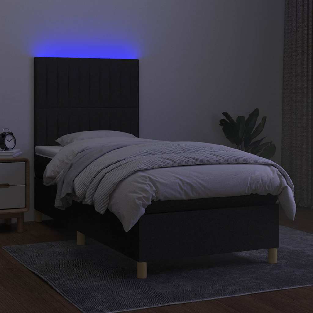 Cama box spring c/ colchão e LED 100x200 cm tecido preto